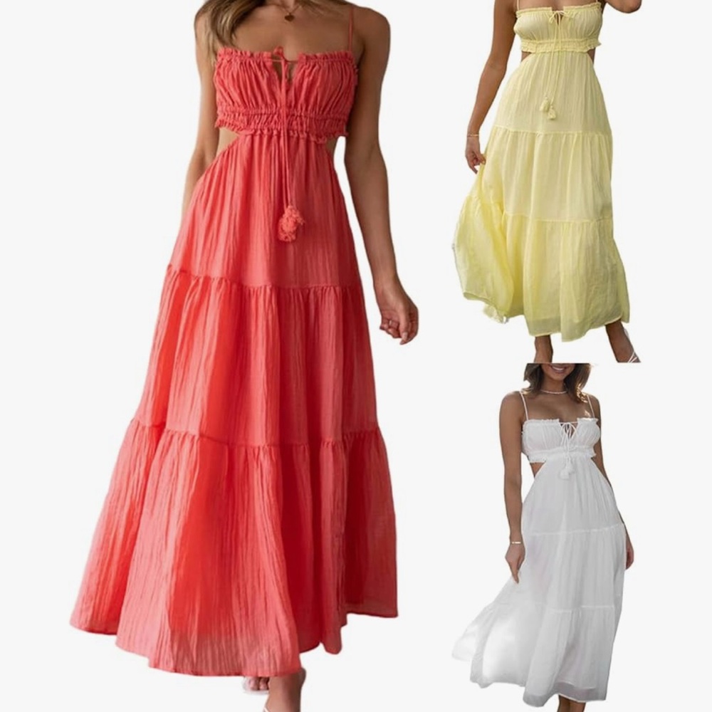 Women Bodycon Maxi Dress,  Spaghetti Tie Up Strap Low Cut Back Sz M